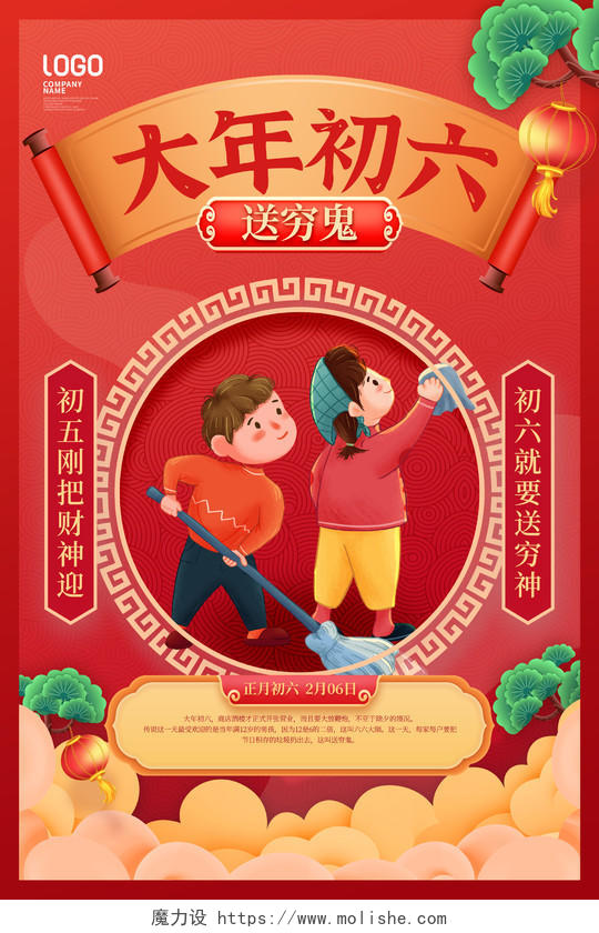 红色大年初六春节习俗手机宣传海报初一至初七2022新年虎年春节习俗